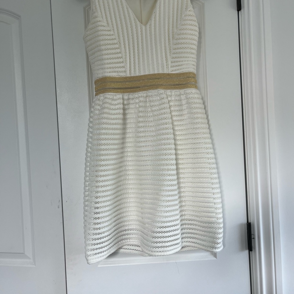 White and Tan Sleeveless V-Neck Sheath Dress from Italy